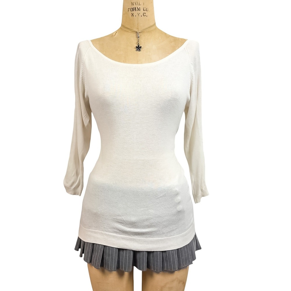 90s Minimalist Express Cold Shoulder Knit Top Ivory Cashmere Boat Neck XS Vtg